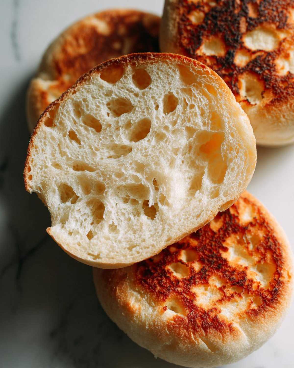 Close-up of a homemade English muffin sliced in half, showing its signature airy, hole-filled interior.