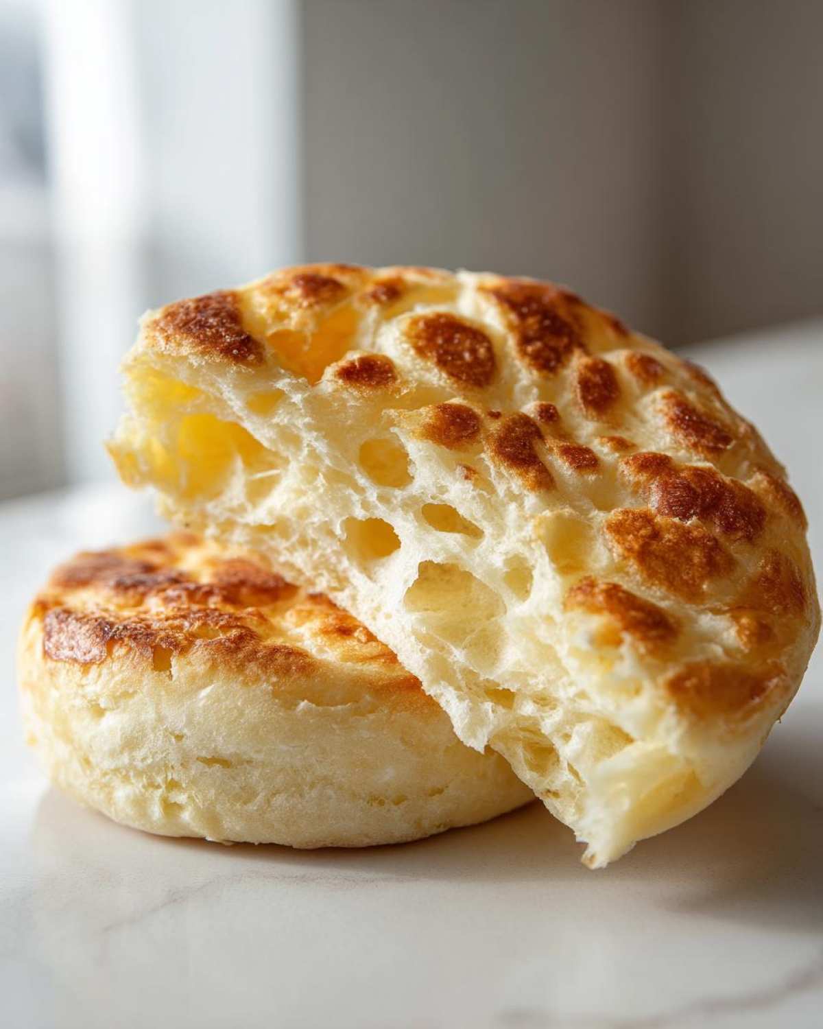 Close-up of a homemade English muffin split in half, showing the characteristic open, airy interior crumb structure.