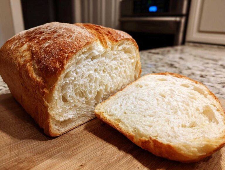 A golden-crusted loaf of fluffy sourdough sandwich bread with one thick slice cut and resting beside it.