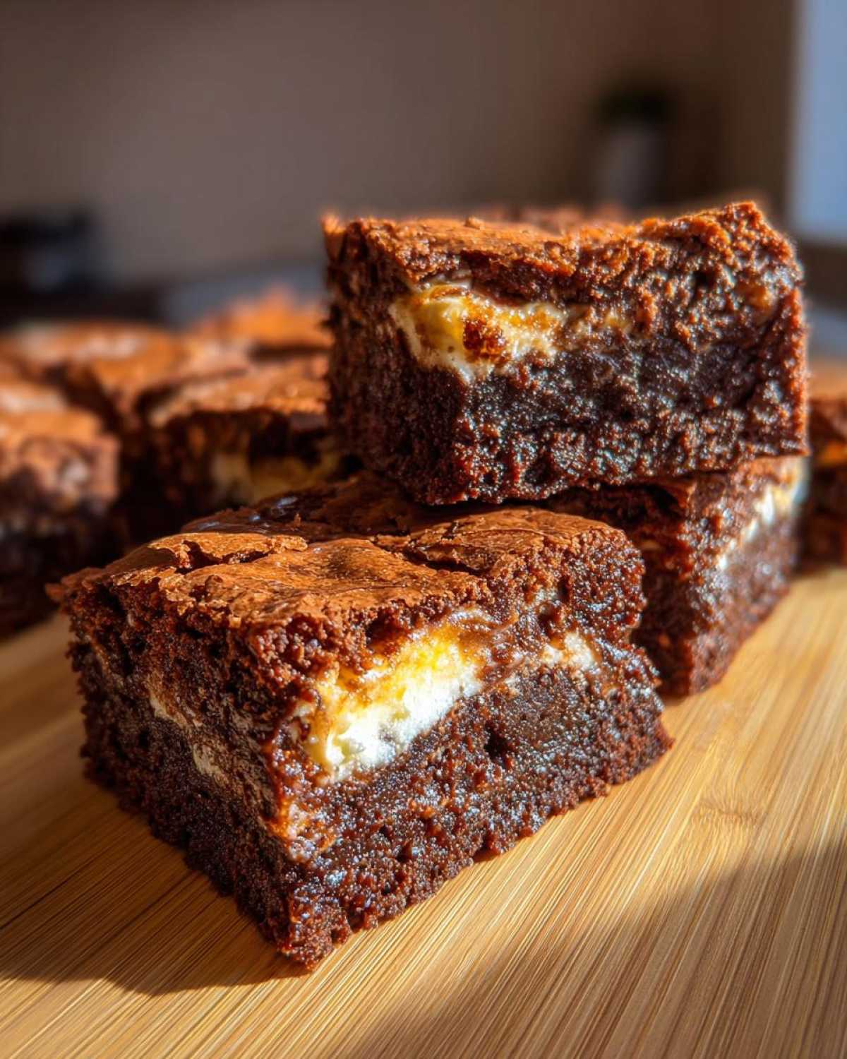 Close-up of fudgy cream cheese brownies stacked on a wooden board, showing the white cream cheese swirl.
