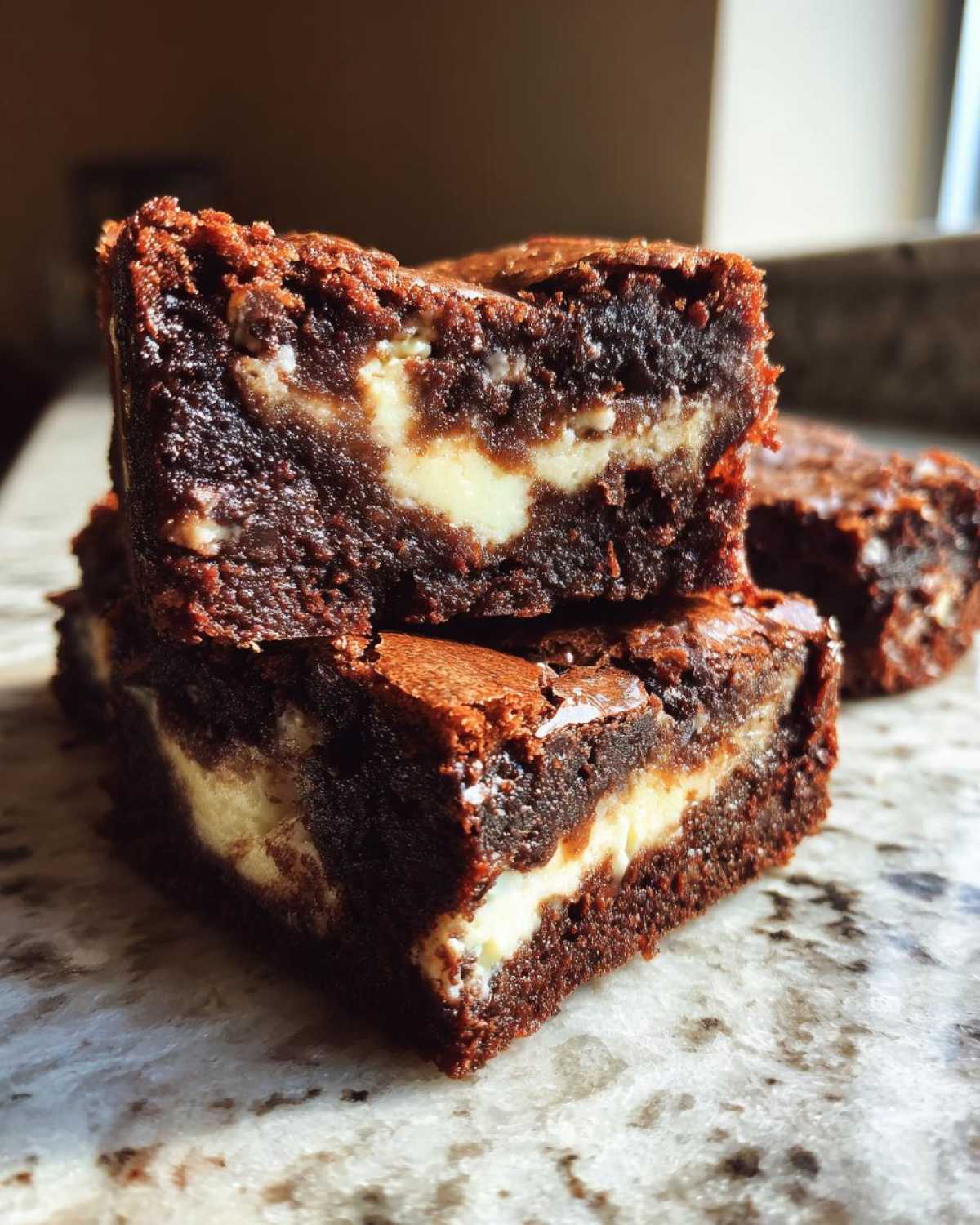 Close-up of stacked, fudgy cream cheese brownies showing the swirl of white cream cheese inside the dark chocolate.