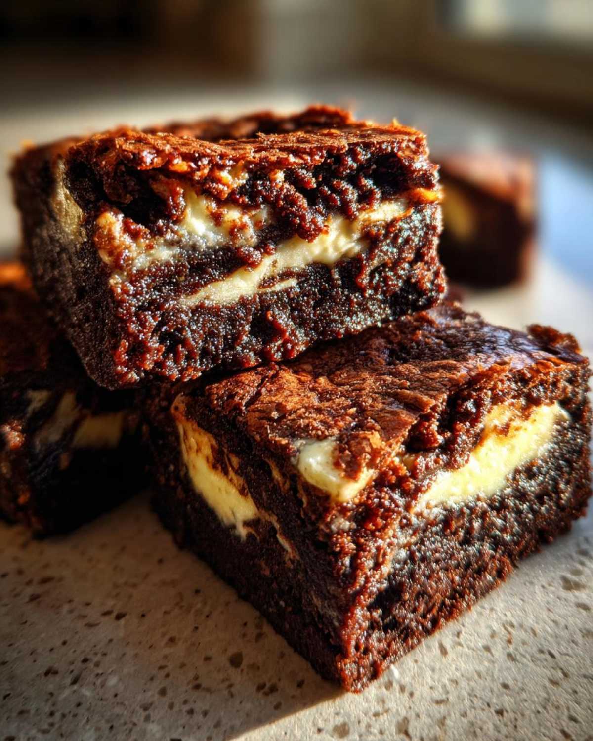 Close-up of fudgy cream cheese brownies showing the rich dark chocolate and creamy white swirl.