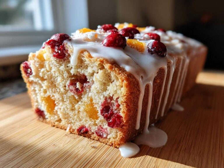 Close-up of a moist cranberry orange bread loaf topped with white glaze, fresh cranberries, and orange zest.