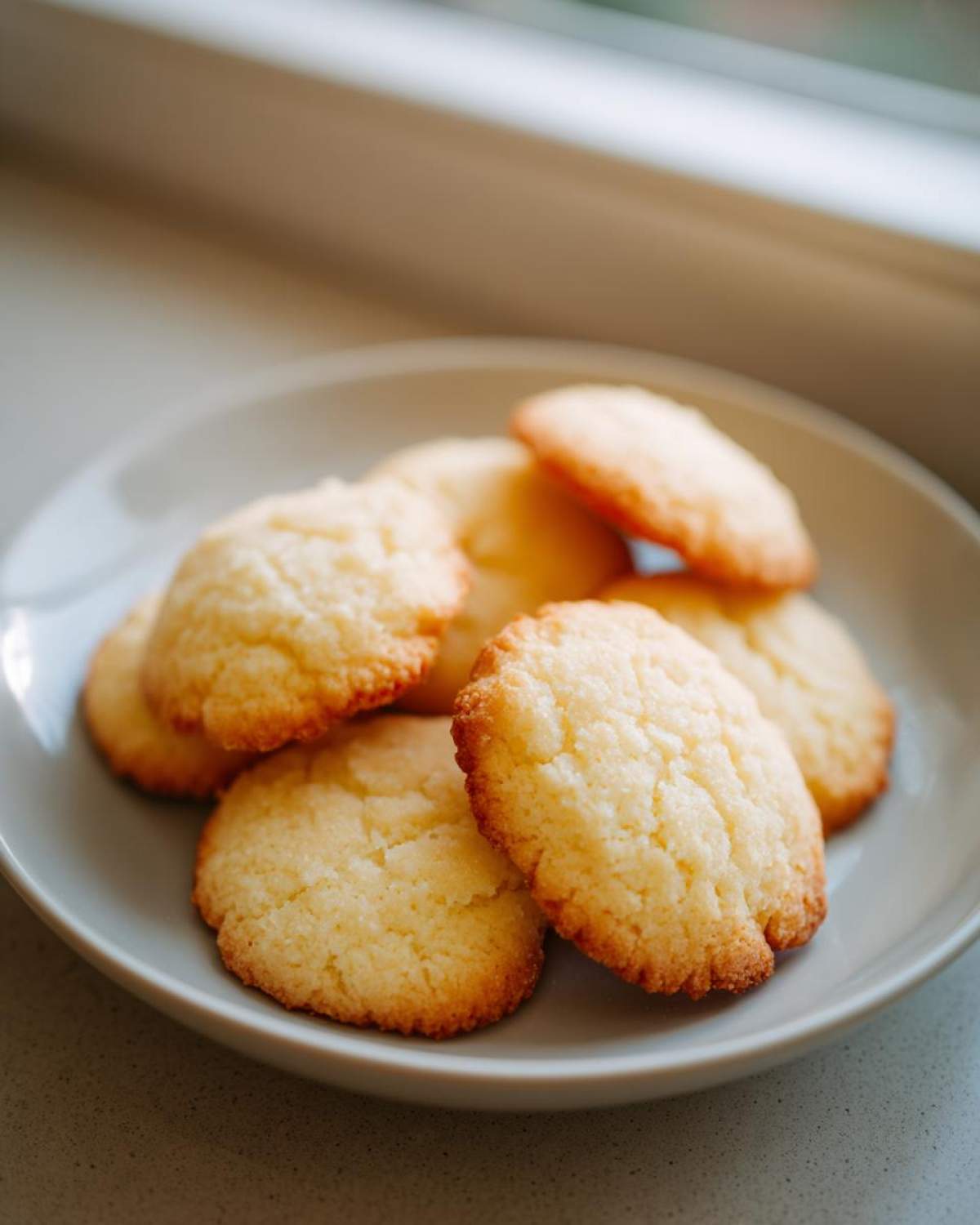 A small stack of freshly baked, golden brown butter cookie rounds resting on a pale grey plate near a window.