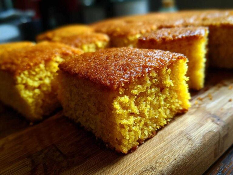 Close-up of a freshly cut, golden yellow square of 3-ingredient cake mix cookie bars on a wooden board.