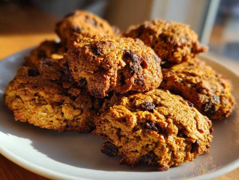 A close-up stack of freshly baked, golden brown breakfast cookie mounds studded with dark raisins.