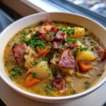 Close-up of a rich bowl of sauerkraut soup loaded with potatoes, carrots, kielbasa, and crispy bacon.
