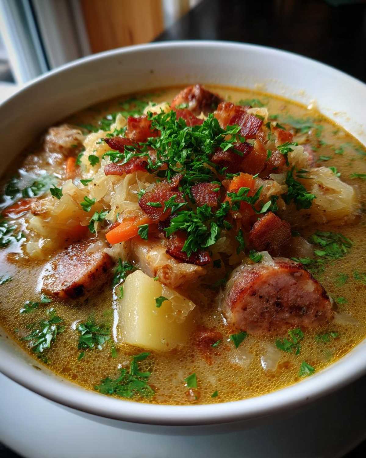 Close-up of a bowl of rich sauerkraut soup featuring chunks of sausage, potatoes, bacon bits, and fresh parsley garnish.