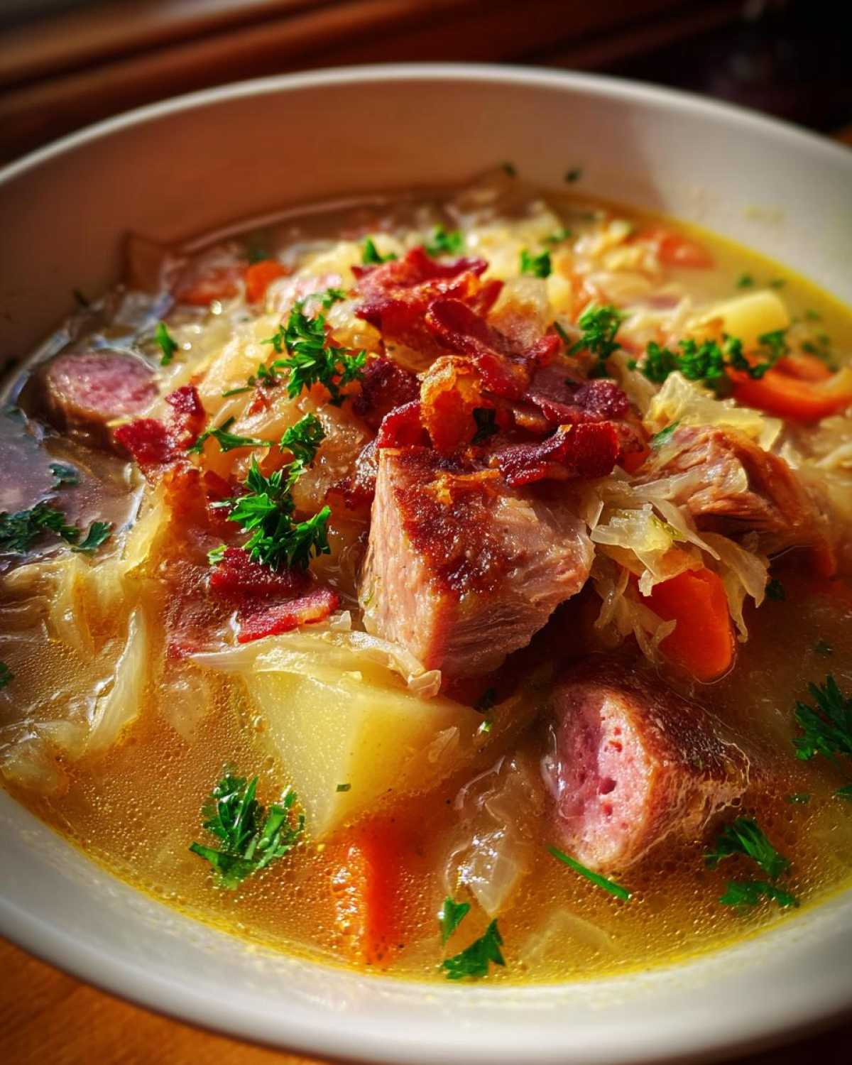 Close-up of a bowl of rich sauerkraut soup featuring chunks of sausage, potatoes, carrots, and bacon bits, garnished with parsley.
