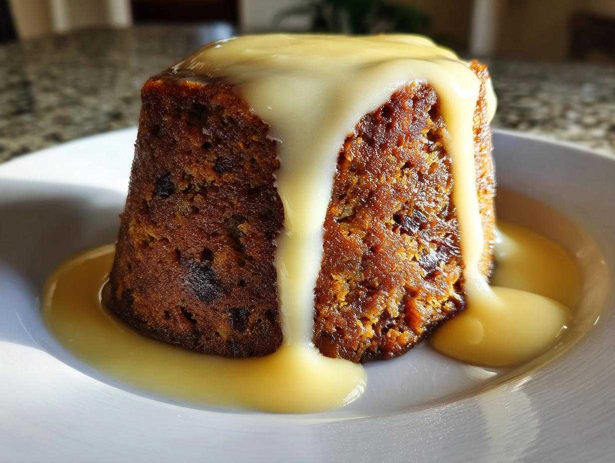 Close-up of a single serving of rich, dark plum pudding covered in flowing vanilla custard sauce.