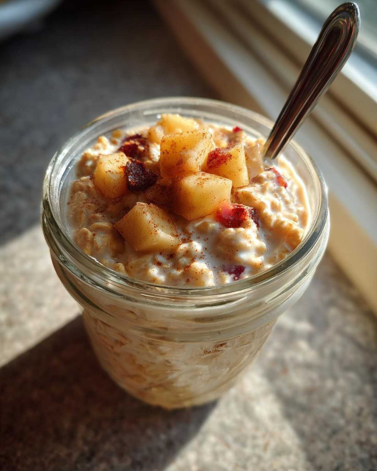 Close-up of apple cinnamon overnight oats in a mason jar, topped with diced apples and cinnamon.