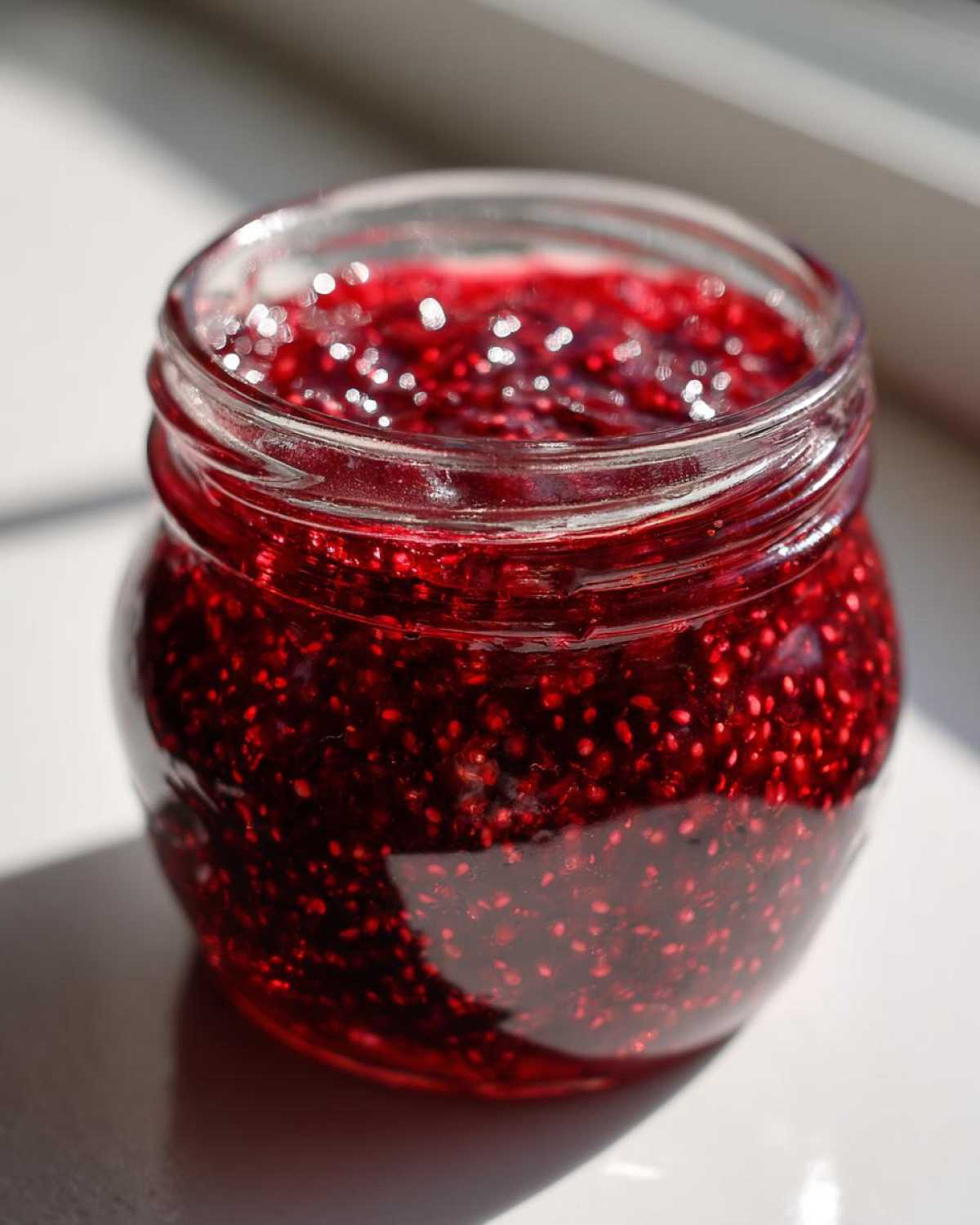 Close-up of a glass jar filled with vibrant, seed-filled raspberry jam, glistening in sunlight.