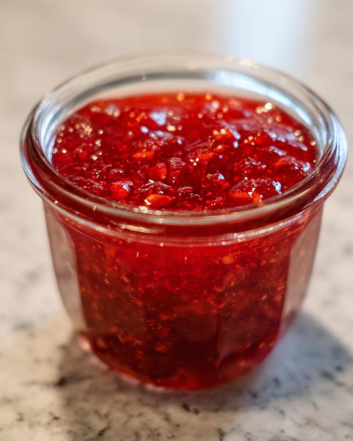 Close-up of a small glass jar filled with vibrant, chunky red freezer jam, sitting on a light countertop.