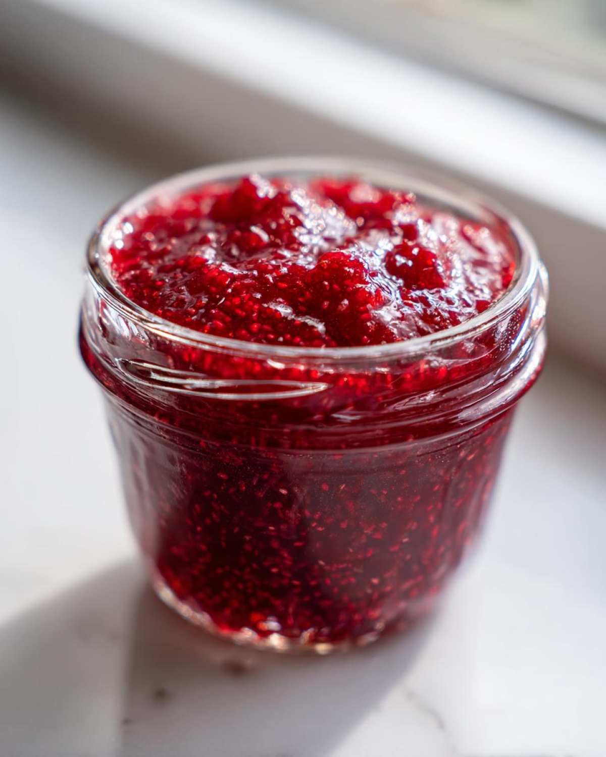 Close-up of a small glass jar filled with vibrant, textured raspberry jam, sitting on a bright white surface.