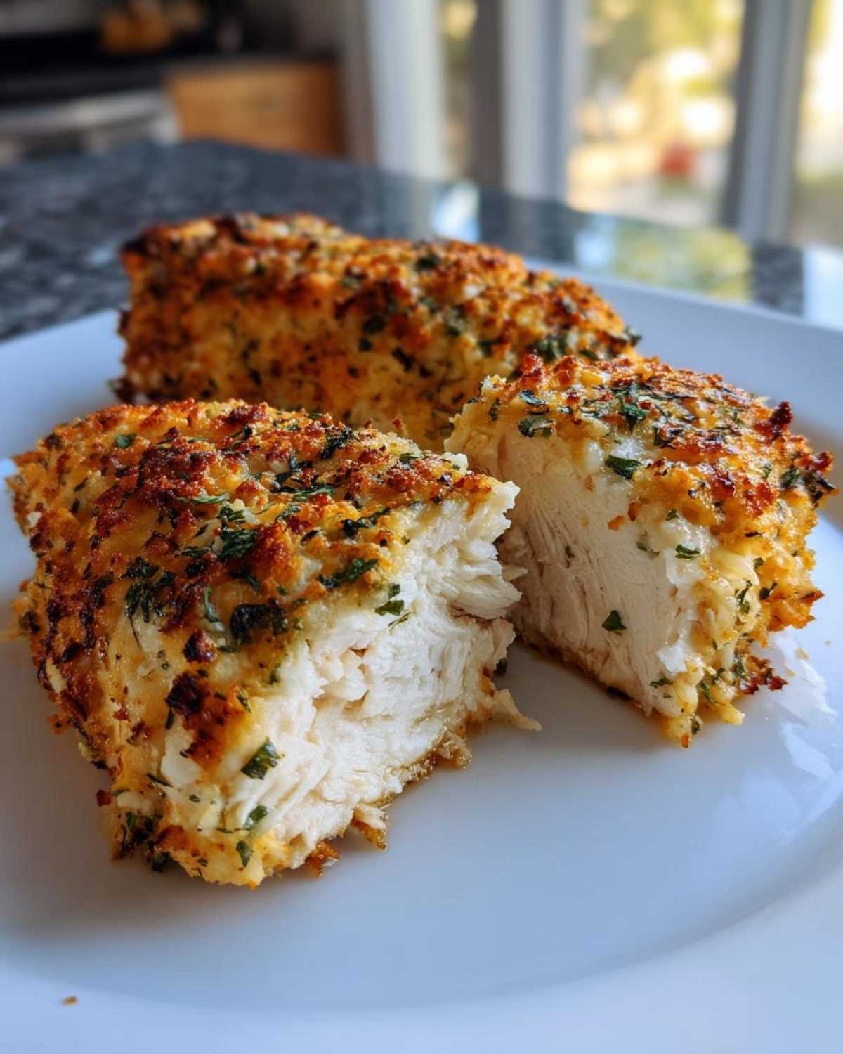 Close-up of juicy baked ranch chicken, showing the white interior and crispy, golden ranch topping.