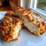 Cross-section view of juicy baked ranch chicken breasts with a crispy, golden topping.