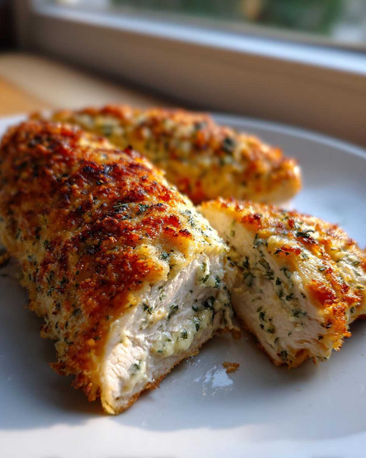 Close-up of baked ranch chicken breasts, one sliced open showing creamy filling inside.