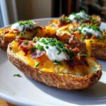 Close-up of crispy baked potato skins loaded with melted cheddar cheese, bacon bits, sour cream, and fresh chives.