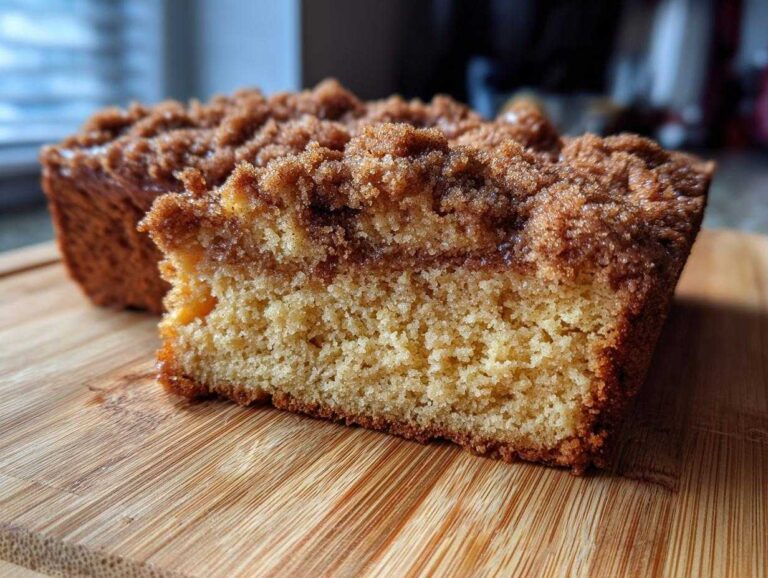 A close-up, cross-section view of a moist slice of coffee cake with a thick cinnamon streusel topping.