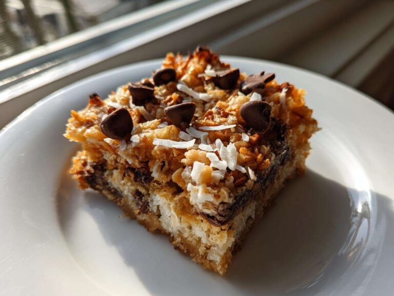 A single square slice of magic cookie bars topped with toasted coconut and chocolate chips, sitting on a white plate.