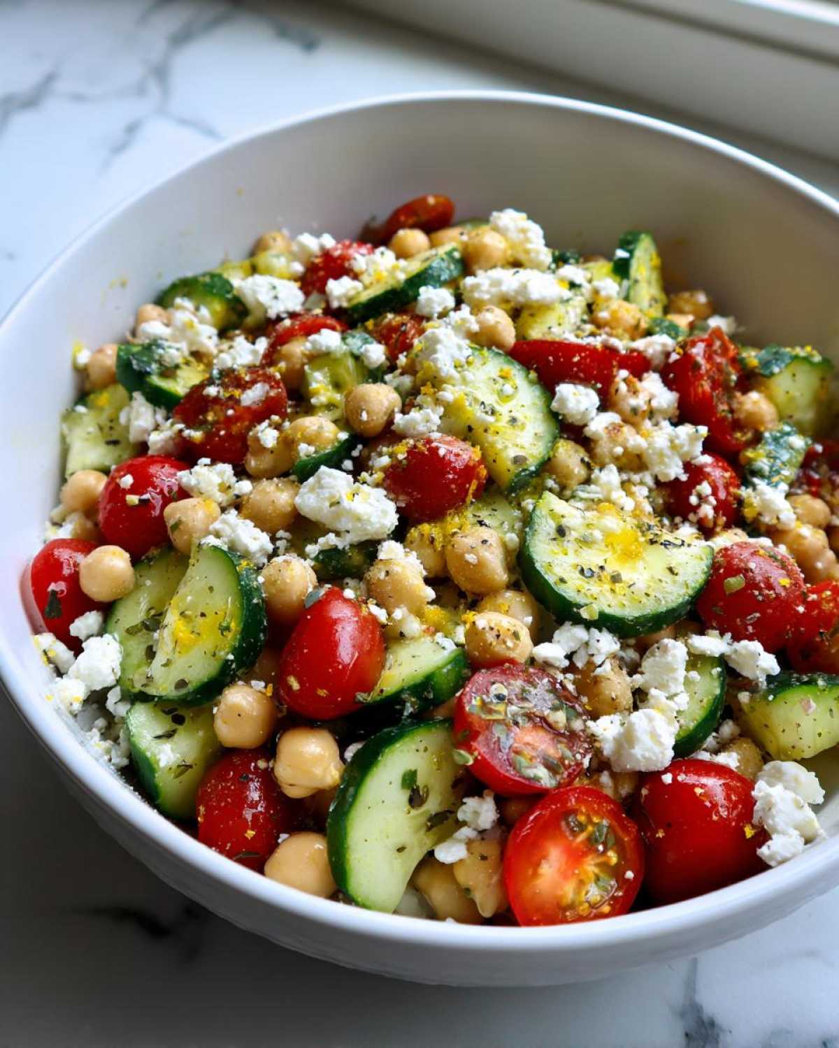 Close-up of a vibrant mediterranean chickpea salad with cucumbers, tomatoes, feta, and herbs in a white bowl.