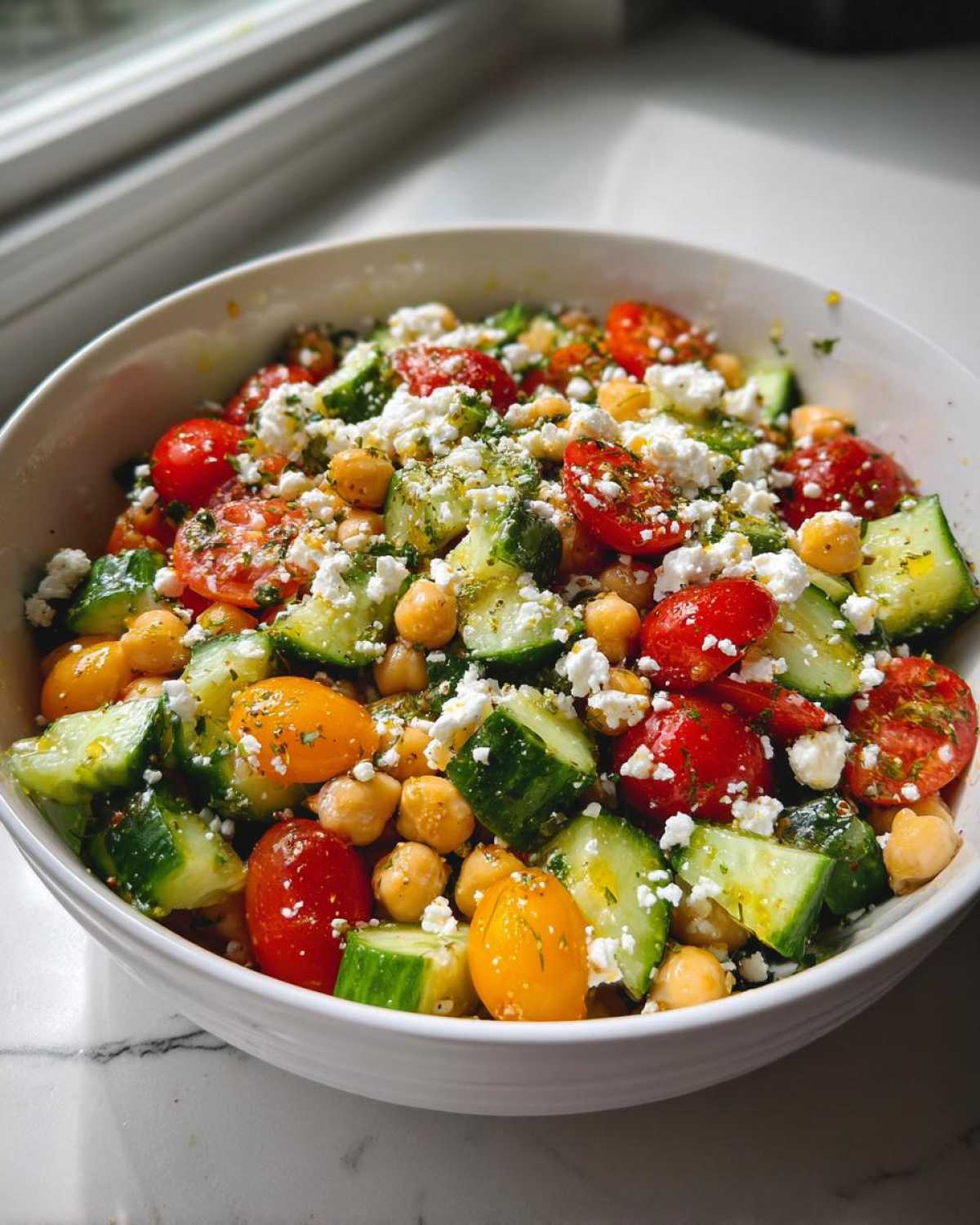 Close-up of a fresh mediterranean chickpea salad with cucumbers, cherry tomatoes, and feta cheese.
