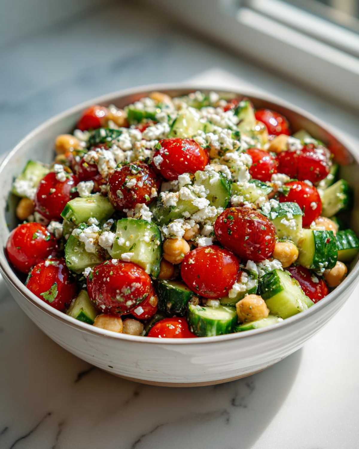 Close-up of a vibrant mediterranean chickpea salad featuring cherry tomatoes, cucumber chunks, chickpeas, and feta cheese.