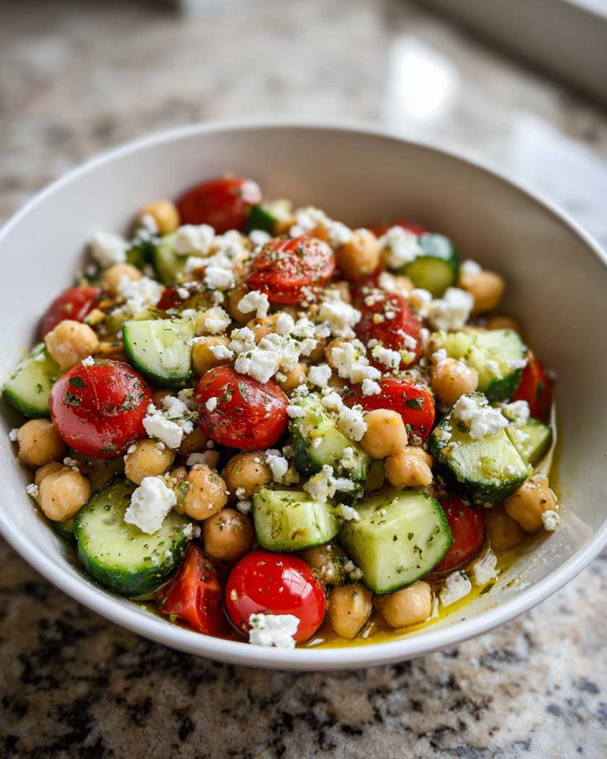 Close-up of a vibrant mediterranean chickpea salad with cherry tomatoes, cucumber, feta, and herbs in a white bowl.