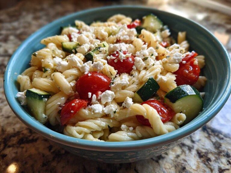 Close-up of a vibrant mediterranean pasta salad featuring rotini pasta, cherry tomatoes, zucchini chunks, and crumbled feta cheese.