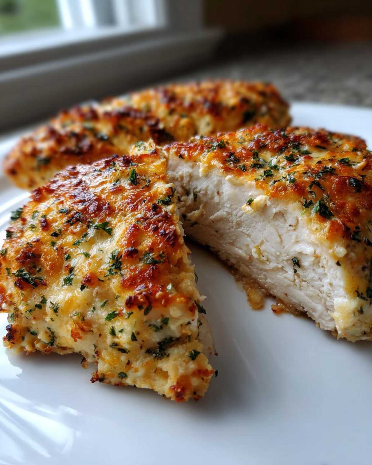 Cross-section of juicy baked ranch chicken breast topped with melted cheese and herbs.