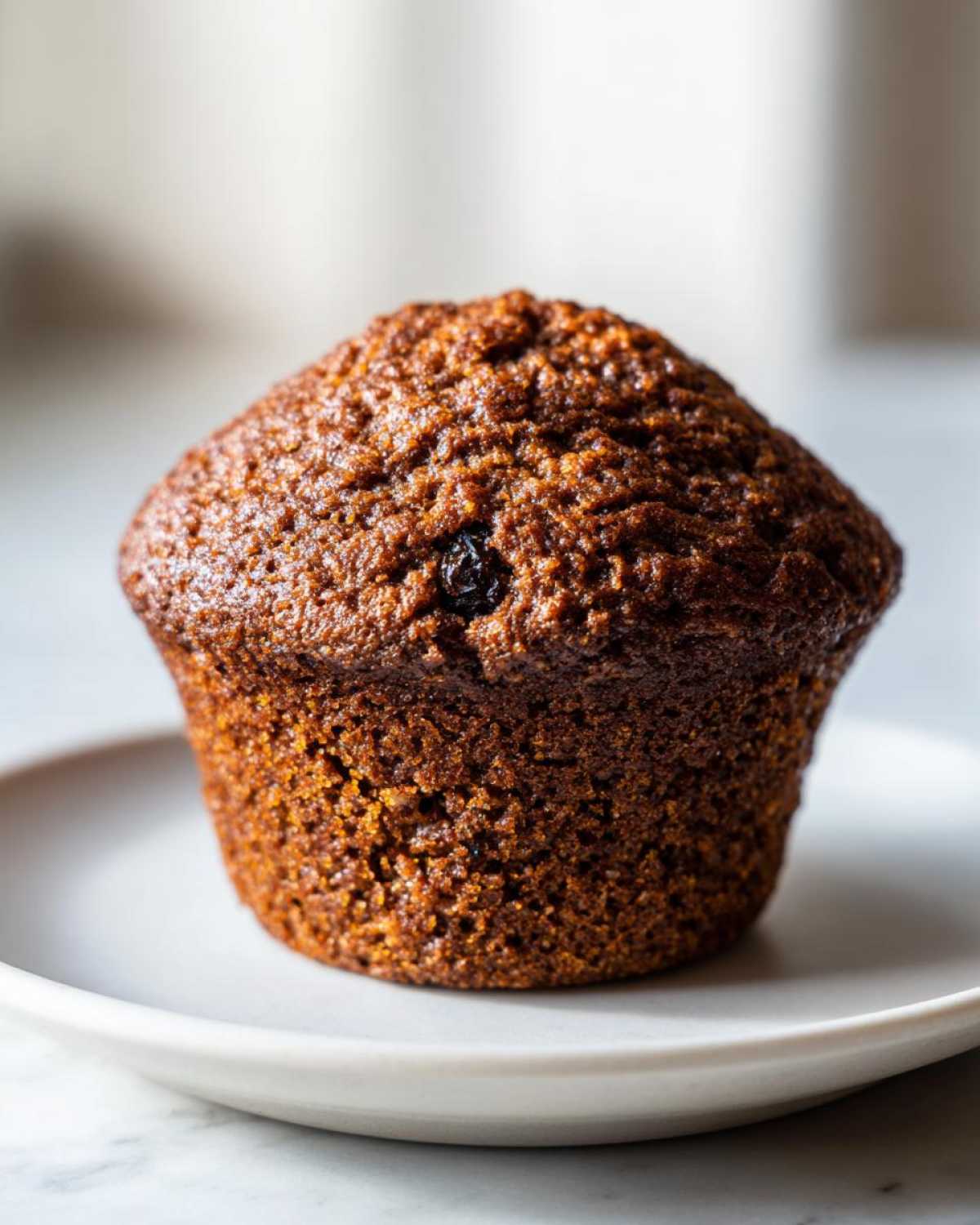A close-up of a single, dark brown, moist bran muffin with a visible raisin on top, resting on a white plate.