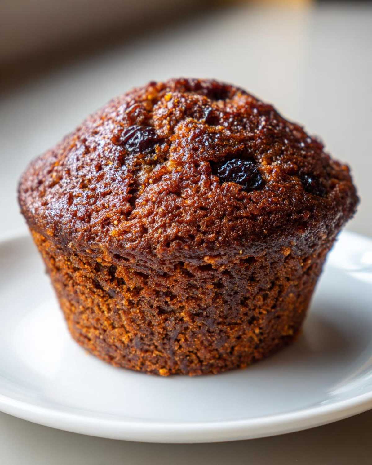 A single, dark, moist bran muffin topped with visible raisins, sitting on a white plate.
