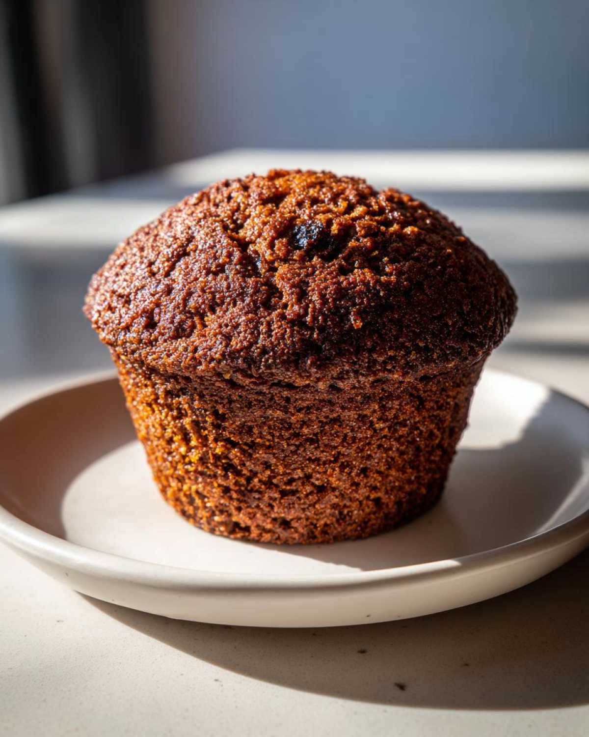 A single, dark brown, domed bran muffin sitting on a light-colored plate, highlighted by strong natural light.