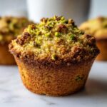 Close-up of a moist pistachio muffins with a golden brown crust and crunchy, chopped pistachio topping.