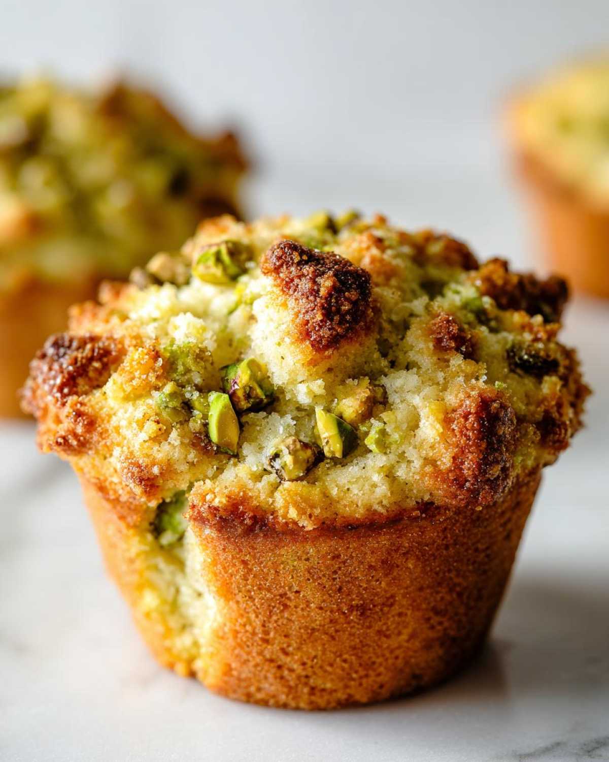 Close-up of a moist pistachio muffin featuring a golden-brown top sprinkled with chopped pistachios.
