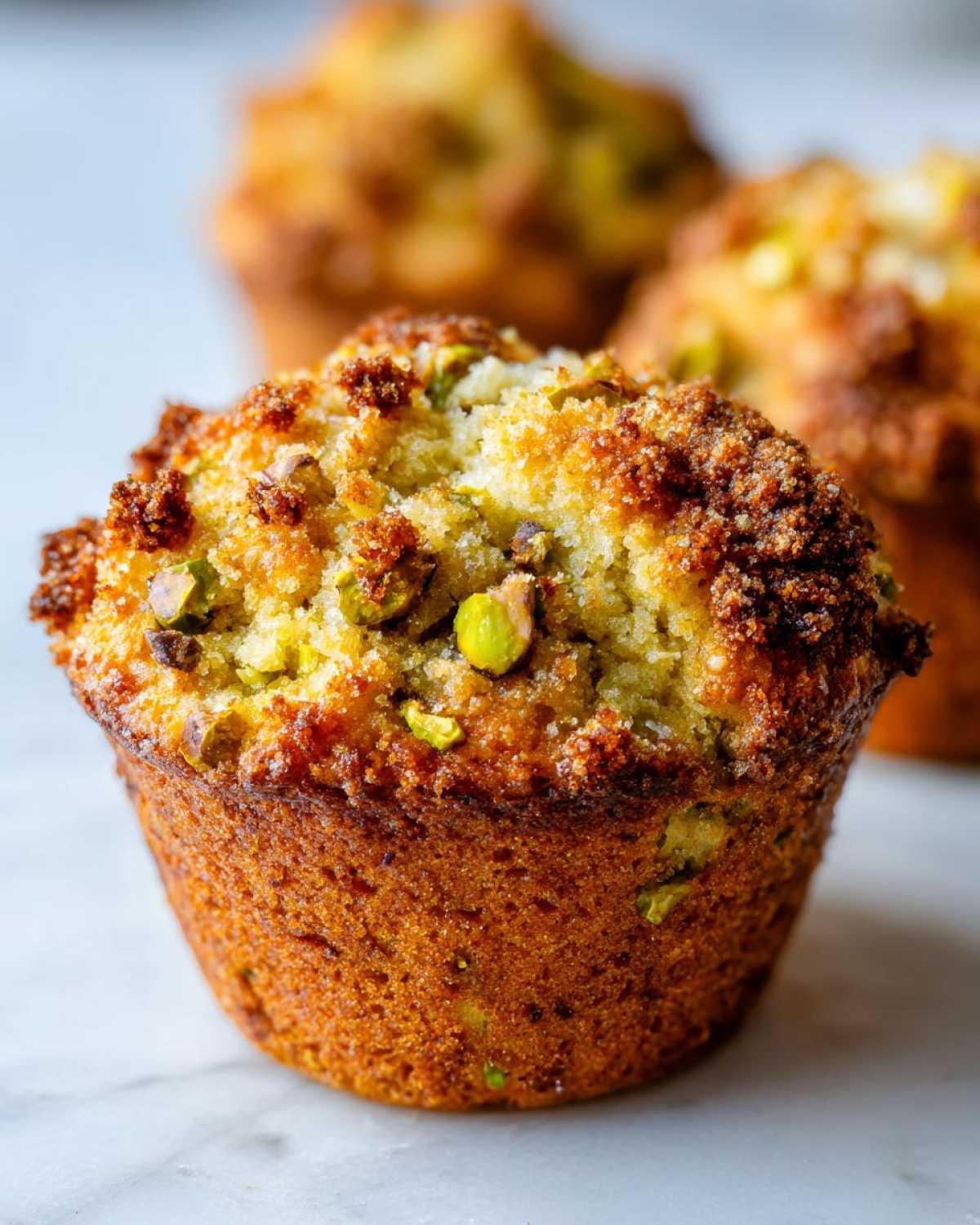 Close-up of a freshly baked, moist pistachio muffins featuring a golden-brown crumb topping and visible green pistachio pieces.
