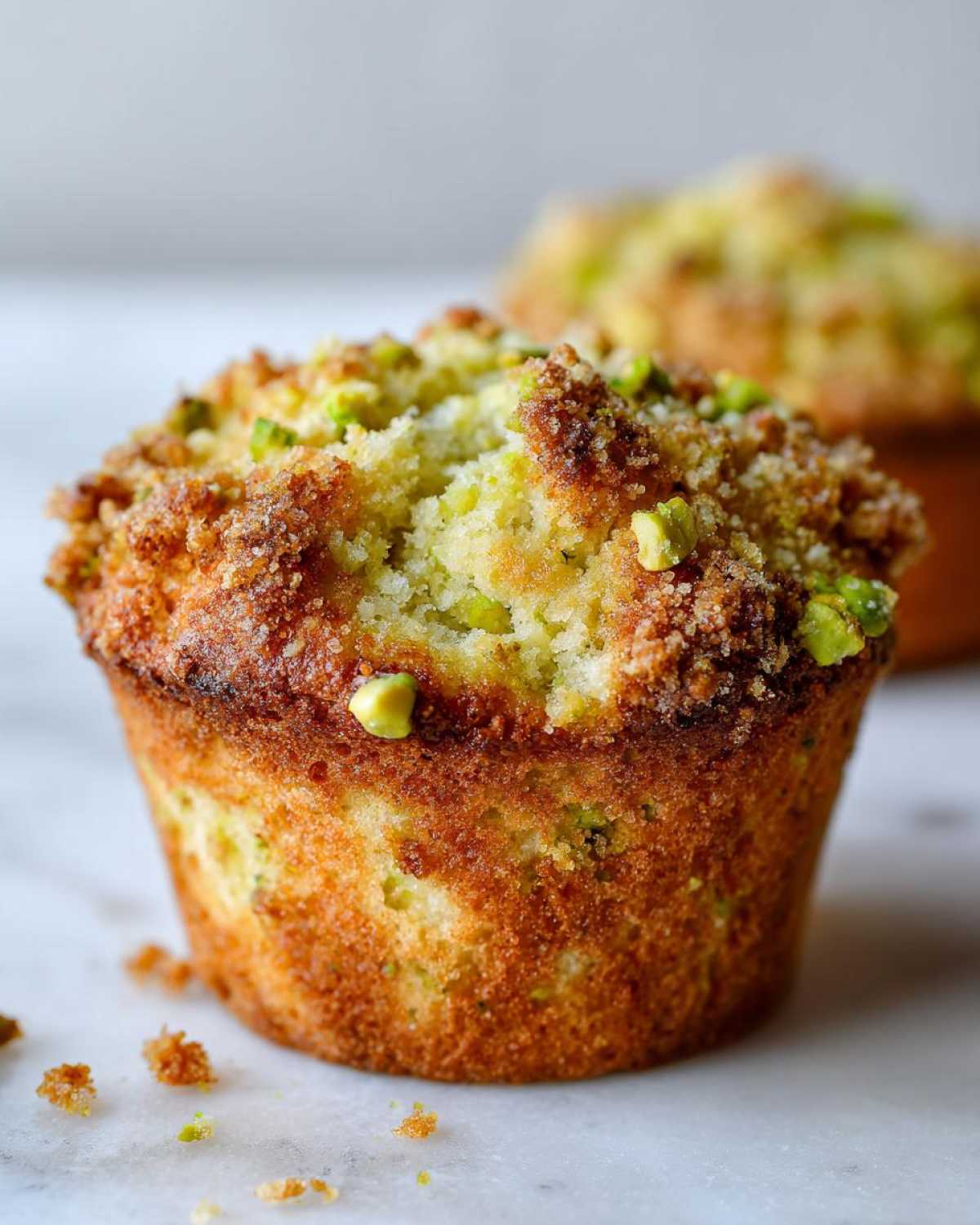 Close-up of a golden brown pistachio muffin featuring a crunchy streusel topping and visible green pistachio pieces.