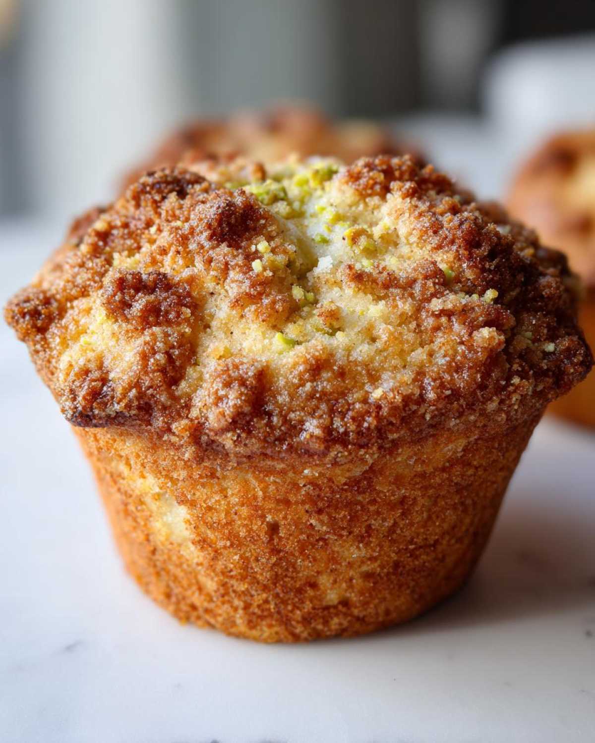 Close-up of a perfectly baked, moist pistachio muffin featuring a golden-brown crumb topping and green pistachio pieces.