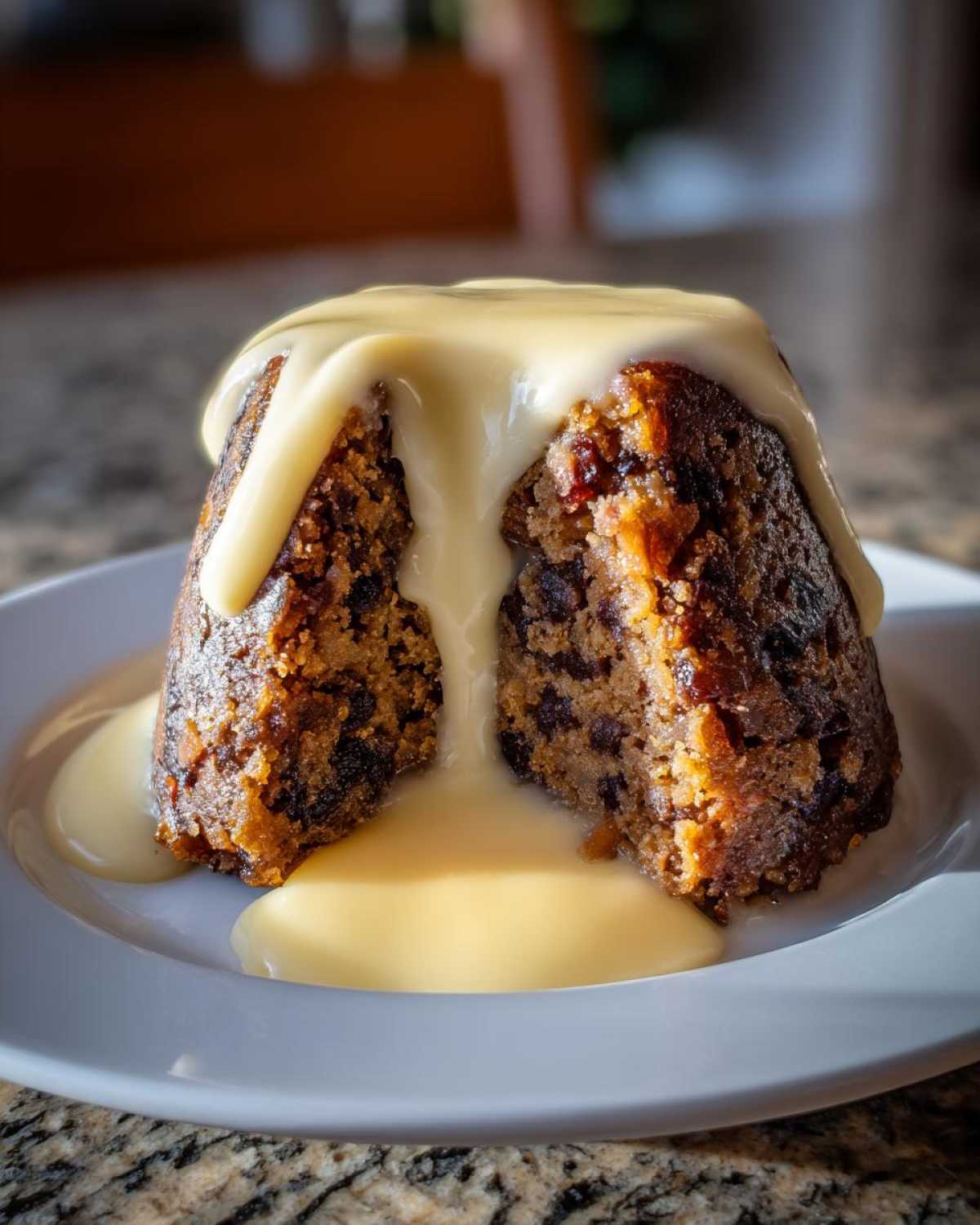 A rich, dark plum pudding cut in half and generously covered with flowing vanilla custard sauce.