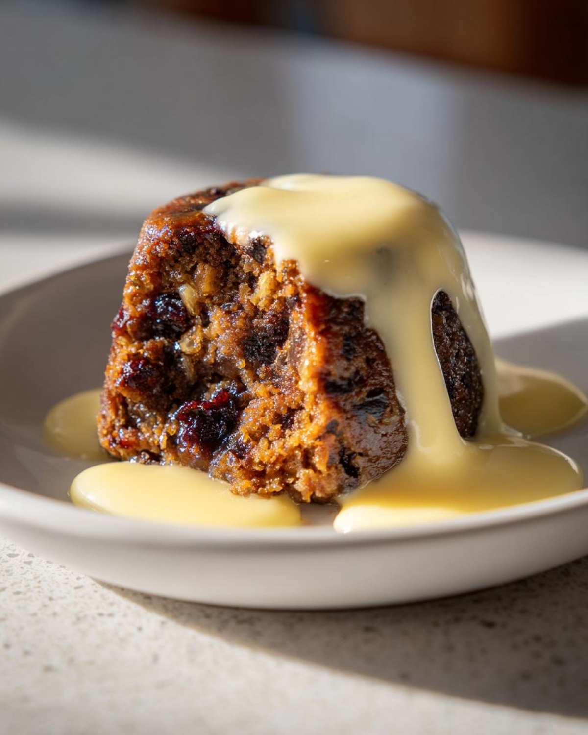 A close-up of a rich, dark plum pudding with a section removed, generously topped with flowing vanilla custard sauce.