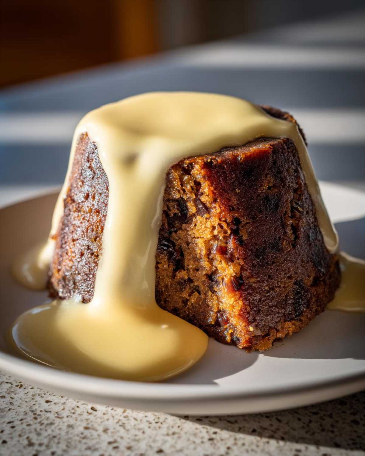 A close-up of a rich, dark plum pudding topped generously with thick, creamy custard sauce.