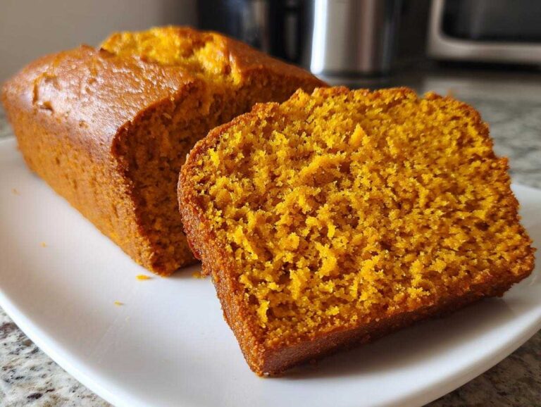A slice of incredibly moist pumpkin bread showing its dense, vibrant orange crumb texture.