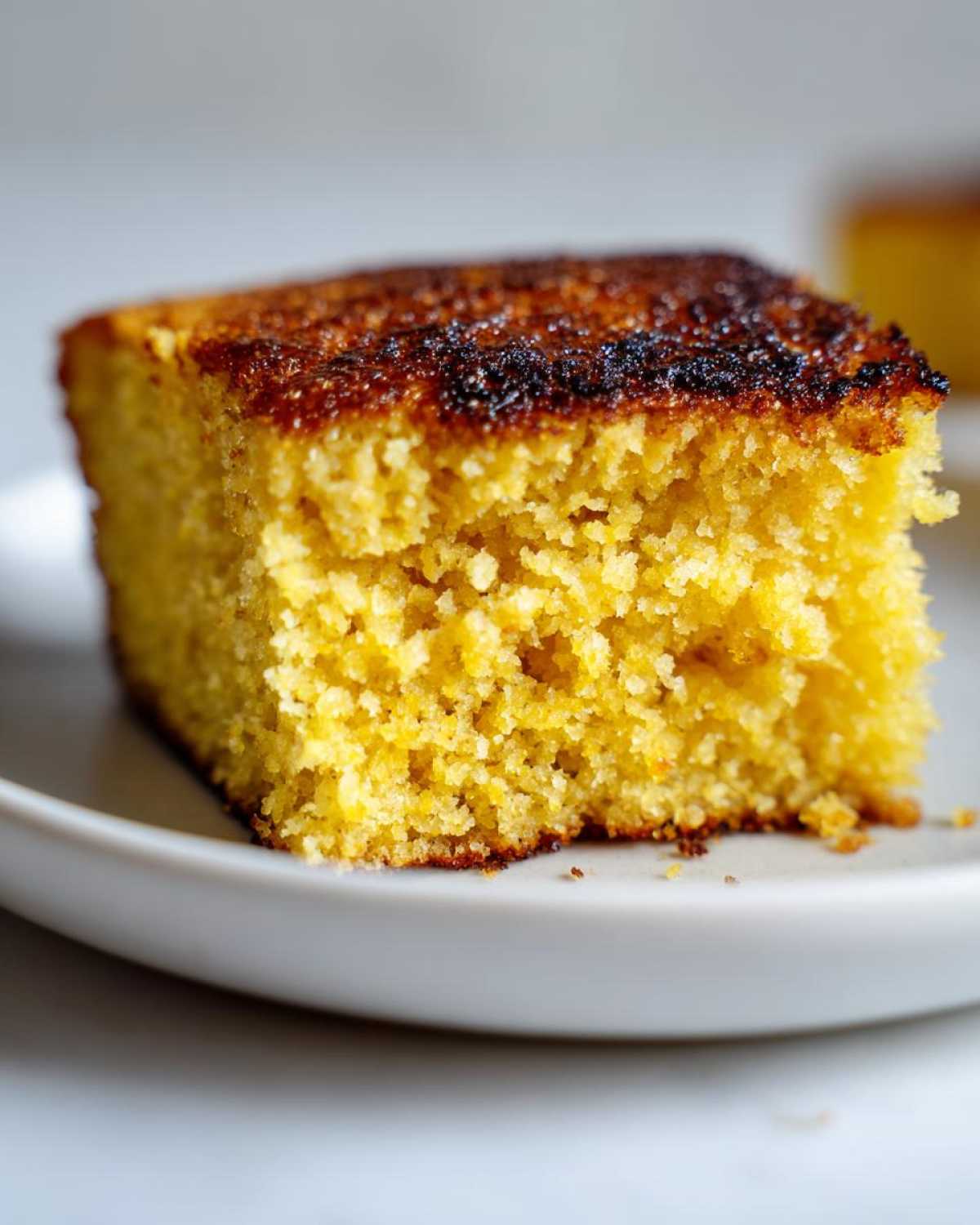 A close-up, macro shot of a square slice of bright yellow skillet cornbread showing its crumb texture and dark, caramelized crust.