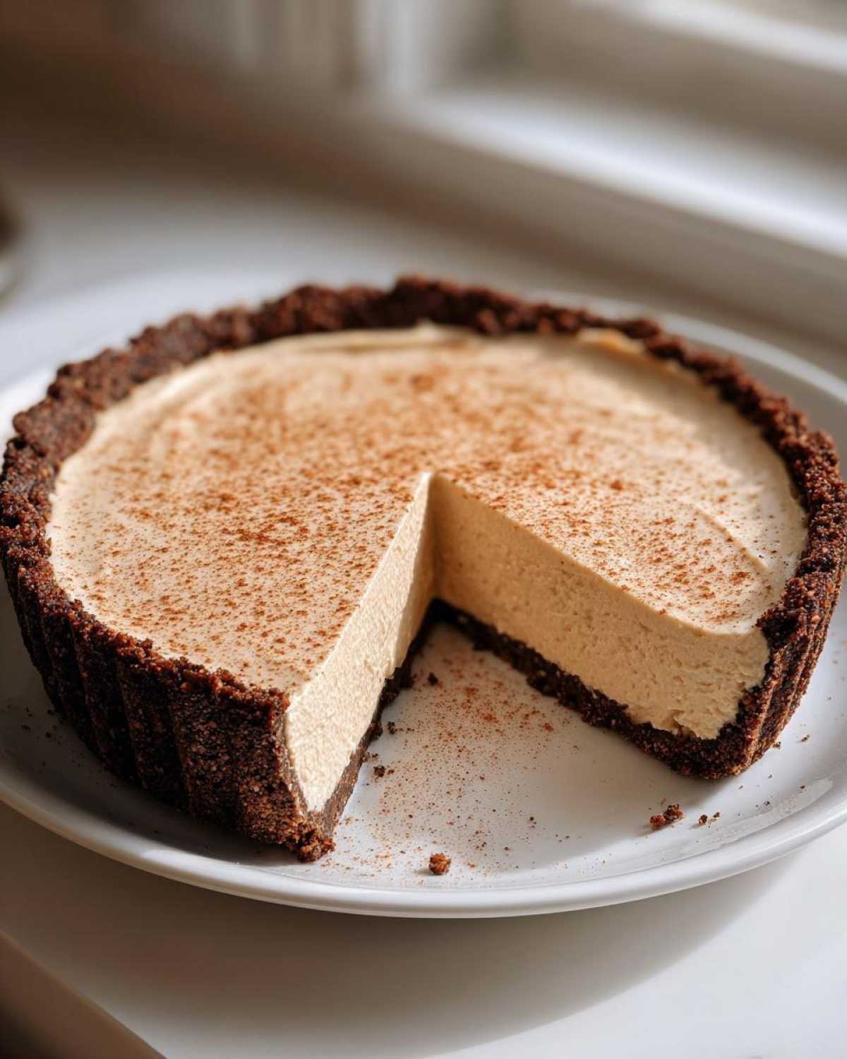 A slice removed from a creamy no bake eggnog pie with a dark chocolate crust, dusted with cinnamon.