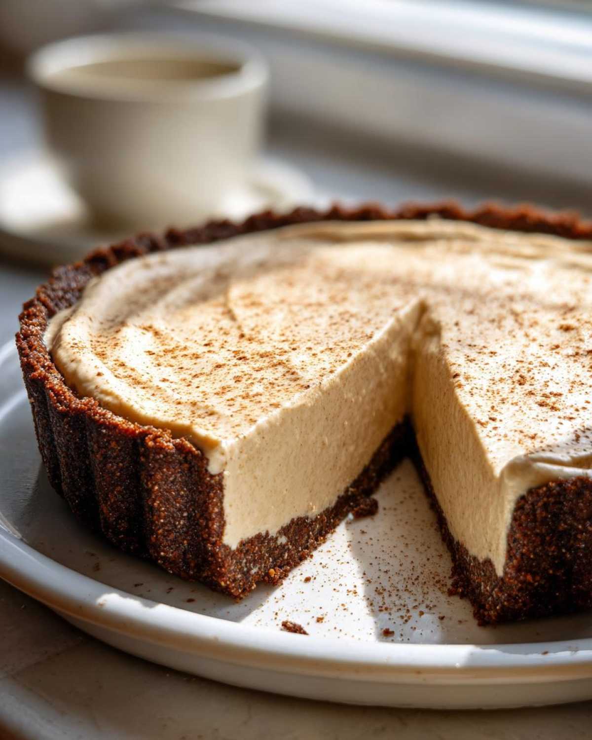 A close-up of a no bake eggnog pie with a dark crust, dusted with cinnamon, sitting on a white plate.
