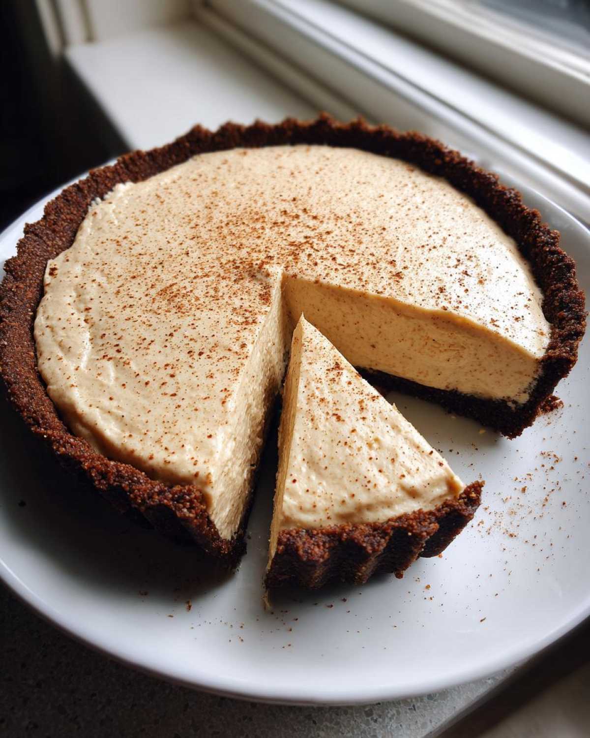 A slice cut from a creamy no bake eggnog pie with a dark chocolate crust, dusted with cinnamon.