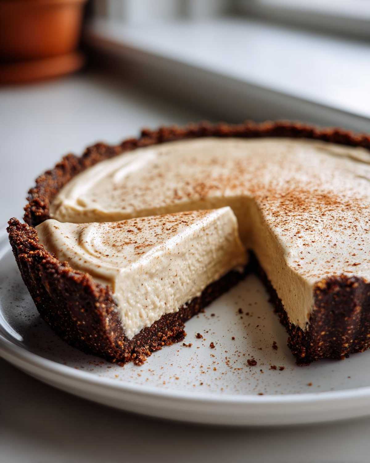 A slice of creamy no bake eggnog pie with a dark chocolate crust, dusted with cinnamon.