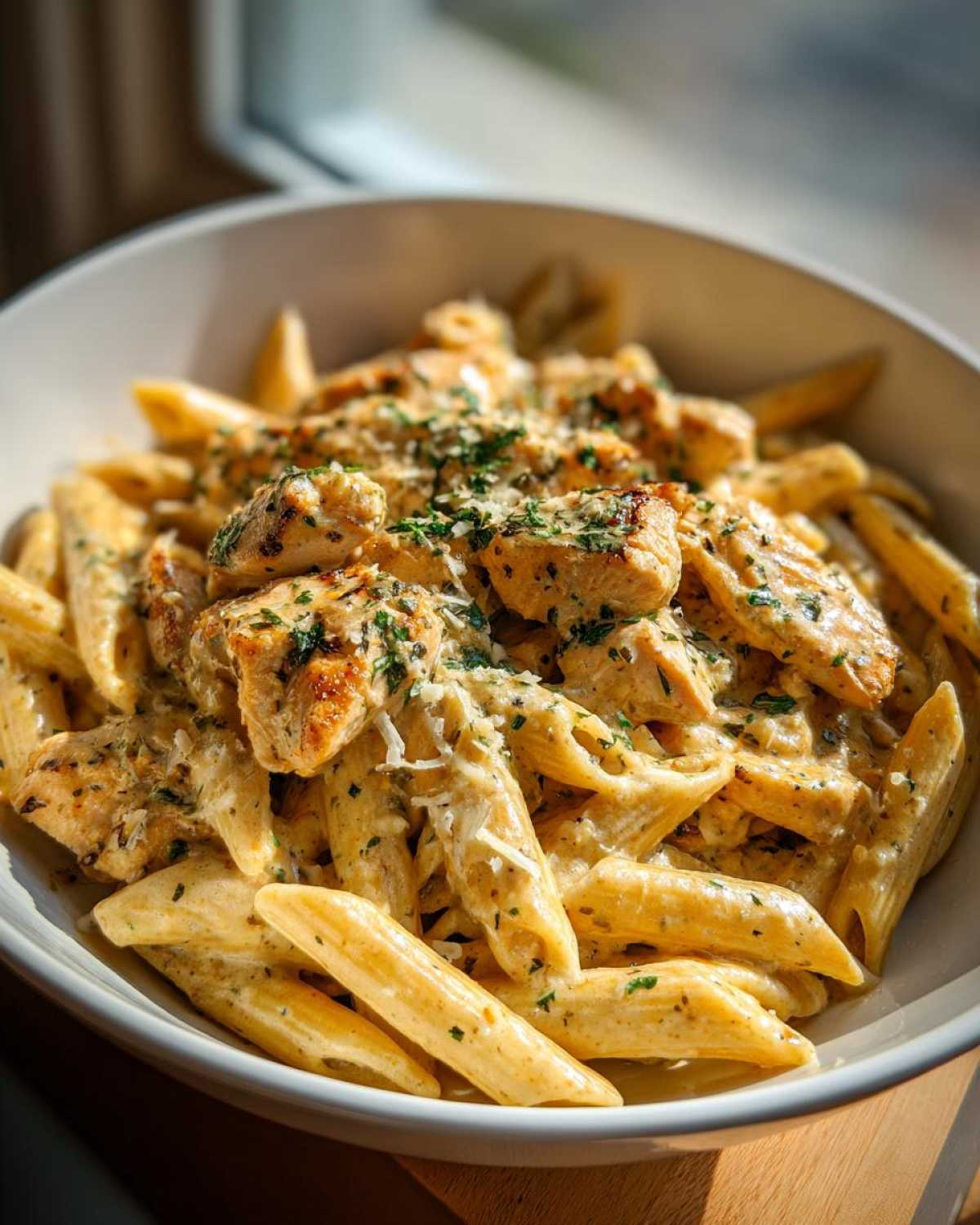 Close-up of penne pasta and grilled chicken pieces coated in a creamy garlic parmesan sauce, topped with herbs.