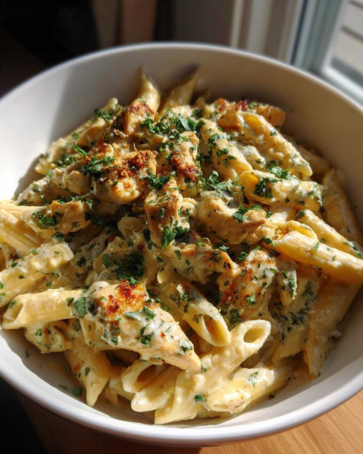 A white bowl filled with creamy penne pasta, chicken pieces, and topped with fresh parsley, showcasing the garlic parmesan sauce.
