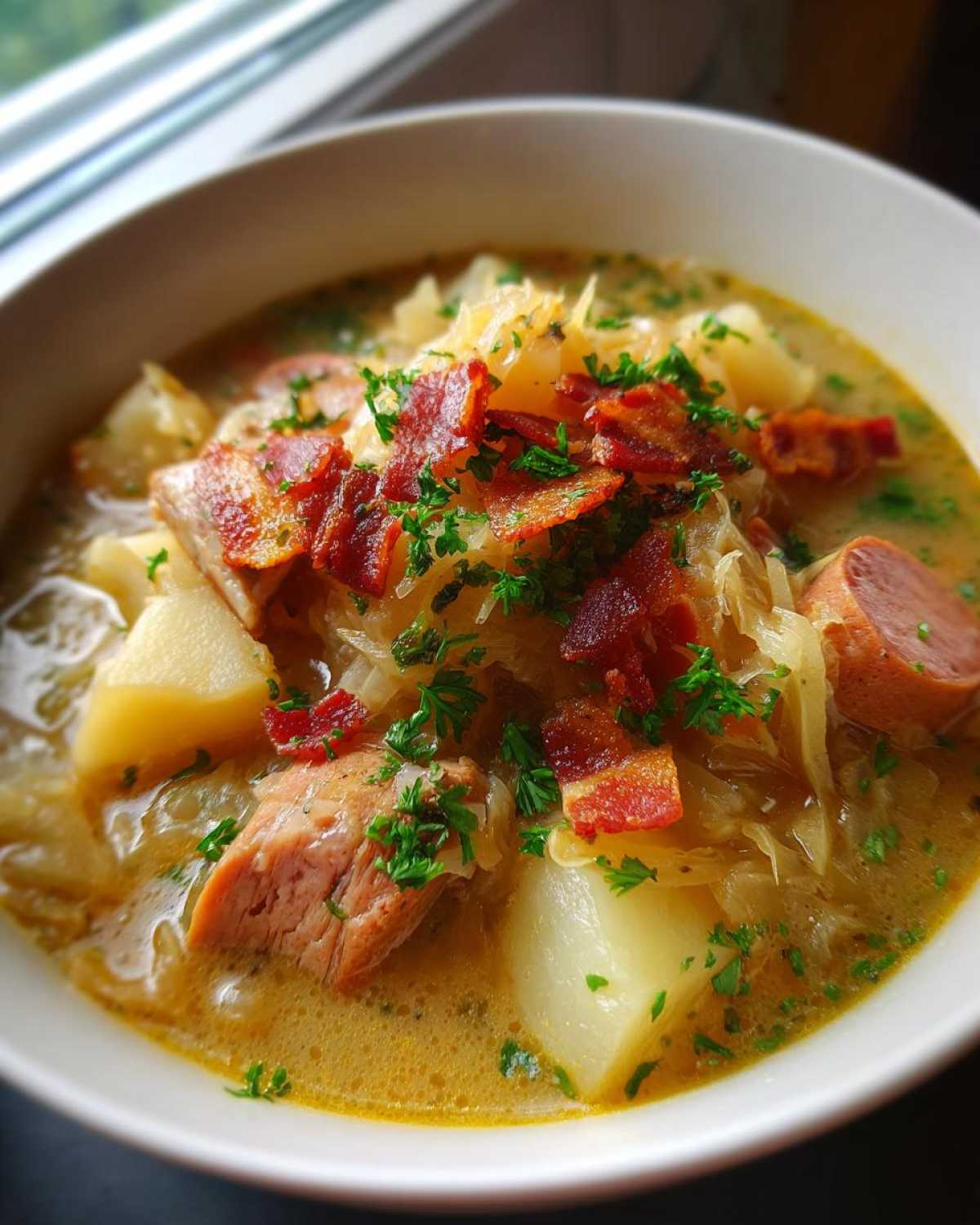 Close-up of a creamy, rich bowl of sauerkraut soup featuring chunks of potato, sausage, bacon bits, and fresh parsley garnish.